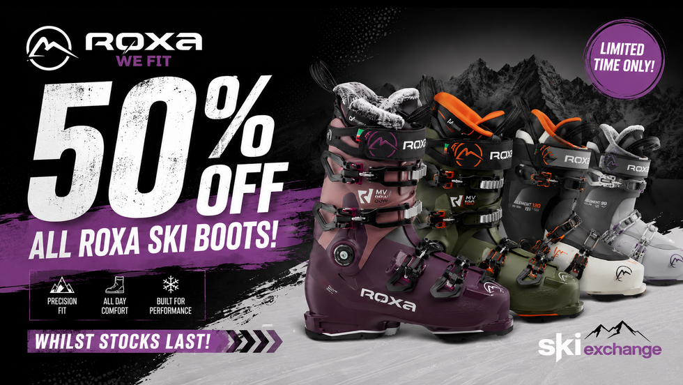 Promotional banner for Roxa ski boots with a 50% off discount offer on a dark background.