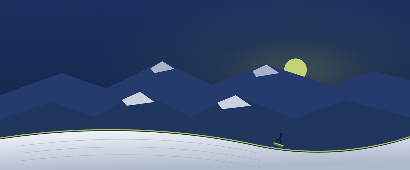 A skier on a groomed piste beneath alpine peaks, Ski Exchange brand illustration